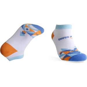 Low cut socks featuring a custom pattern with blue, orange, and white colours, and a branding logo.