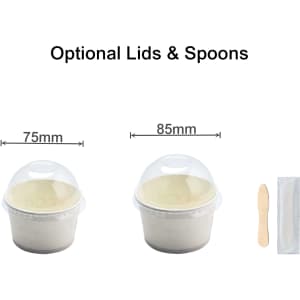 Custom gelato cups in two sizes, 75mm and 85mm, with optional clear lids and wooden spoons.