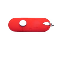 A red Aster Flash Drive with a sleek design and a silver clip for attachment. It features a logo on the side.