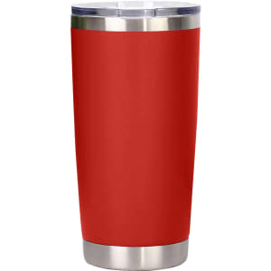 A drink bottle made of recycled stainless steel with a red exterior and a double wall, featuring a silver trim and a lid.