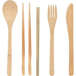 A bamboo cutlery set featuring a spoon, fork, knife, chopsticks, and a straw, all in natural bamboo colour.
