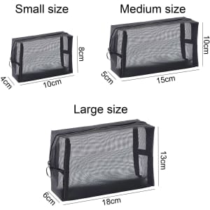 A set of three nylon mesh cosmetic bags in varying sizes: small, medium, and large, all in black.