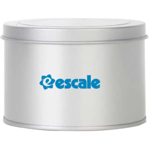 A silver medium tin can with a transparent window and a logo on the front. It has a simple, cylindrical design.