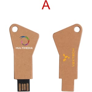 A brown eco-friendly flash drive with a unique key shape and two sides, featuring a logo on each side.
