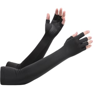Long sleeve, fingerless gloves in black, designed for sun protection, featuring a textured grip area.