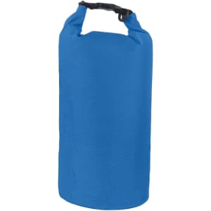 A blue Oxford cloth dry bag with a black strap and buckle closure, featuring a textured surface.