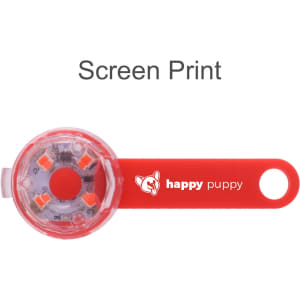 A red LED pet collar light with a circular design, featuring a logo and multiple illumination points.