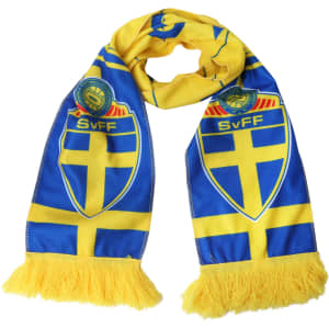 A blue and yellow fleece scarf featuring a logo and fringed ends.