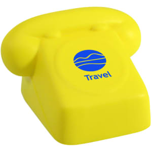 A bright yellow phone-shaped stress reliever with a logo on the front.