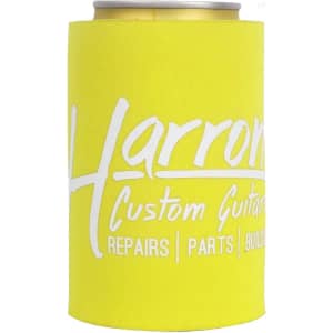 A drink bottle holder in bright yellow with a branding logo, designed to keep cans insulated.
