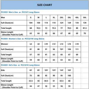 A size chart detailing measurements for unisex long sleeve shirts, including sizes for men, women, and kids.
