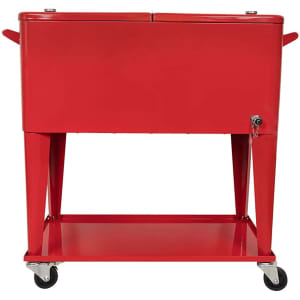 A red 75L cooler box trolley with a wheeled base and two handles for easy mobility. It features a large storage compartment.