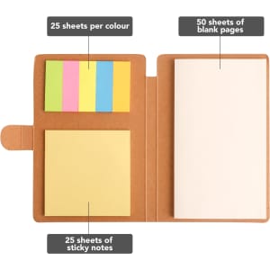 A 3-in-1 notepad with a brown cover, featuring colourful sticky notes and blank pages inside. Includes a logo.