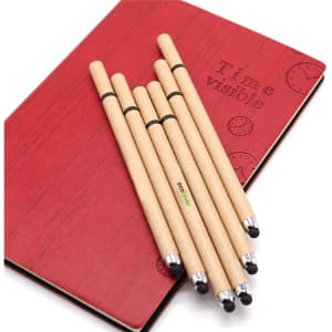 A set of brown eco-friendly stylus pens with touch heads arranged on a red notebook featuring a raised design and logo.