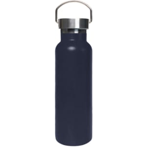 A drink bottle in navy blue, featuring a stainless steel lid and a handle. It has a sleek, double-wall vacuum design.