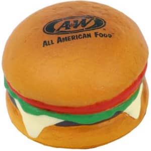 A hamburger-shaped stress reliever in brown, green, red, and white, featuring a logo on the top.