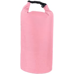 A pink Oxford cloth dry bag with a secure strap and buckle fastening, featuring a textured surface.