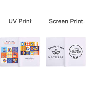 A soft PVC folder with a multi-coloured design inside, featuring two printing styles and a logo on each side.