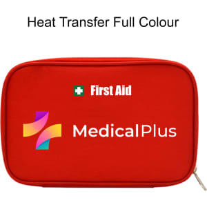 A red first aid kit bag with a zip closure, featuring a logo and medical cross.
