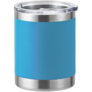 A drink bottle featuring a blue stainless steel exterior with a clear lid and silver base, including a logo.