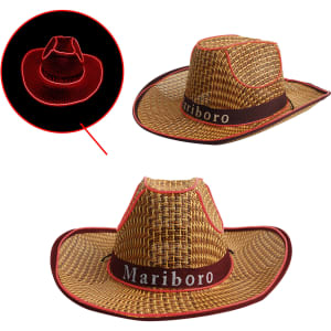 A light-up straw hat with a woven design, featuring a red LED trim and a dark brown band with branding.