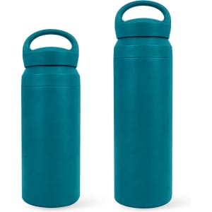 A drink bottle set featuring a teal double wall stainless steel design, including a handle in two sizes.