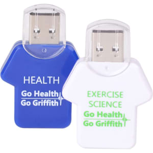 A blue and white flash drive shaped like a T-shirt, featuring a logo and text related to health and exercise science.
