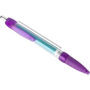 A plastic pen featuring a transparent turquoise barrel and purple accents, with a silver clip and tip.