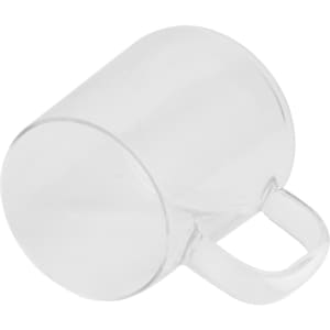 A clear glass mug with a handle, sitting at an angle on a white background.