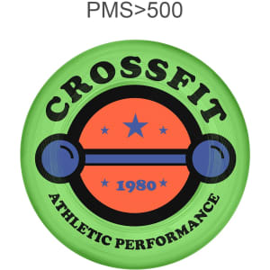 A green frisbee with a circular design featuring an orange barbell, stars, and the word "CrossFit".