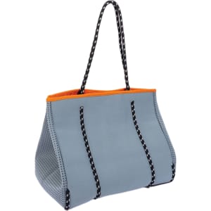 A large grey neoprene beach tote bag with orange trim and black and white striped handles, featuring mesh sides.