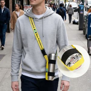 A drink bottle holder strap sling in yellow and black, featuring a logo, designed for carrying a water bottle.