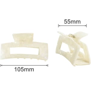 A hair claw clip in a pearlescent white colour, measuring 105mm by 55mm, featuring a clasp mechanism.