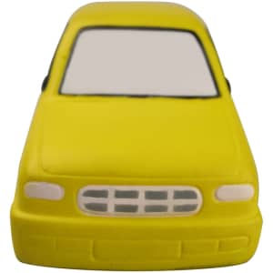 A yellow minibus-shaped stress reliever with a simple design and a blank front. It features a logo on one side.