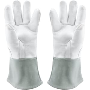 Heat resistant gloves in grey and white, featuring a long cuff and a logo on the surface.