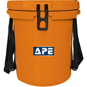 An orange 15L ice bucket with a black handy rope and a logo on the front.