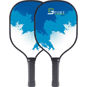 A wooden pickleball set featuring two paddles with a blue and white design and textured black grips.