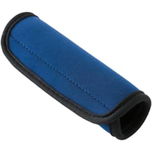 A blue neoprene luggage grip with black trim, designed for easy handling of luggage. Features a logo.