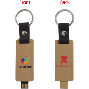 An eco-friendly mini flash drive keychain in beige, featuring logos on both sides and a metal keyring attachment.