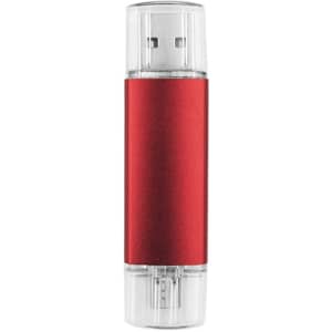 A red double-end Type C flash drive with transparent ends and a sleek design. It features a logo on its body.