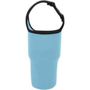 A drink bottle holder pouch in light blue with a black trim and adjustable strap. It features a logo.