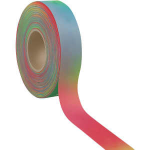 A roll of rainbow satin polyester ribbon in vibrant colours, displaying a gradient effect from red to green.