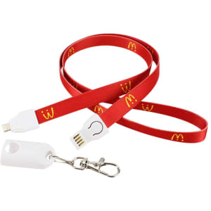 A red polyester lanyard charging cable with connectors at both ends and a clip for attachment. It features a logo.