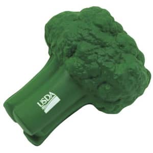A green cauliflower-shaped stress reliever made of soft material, featuring a logo.