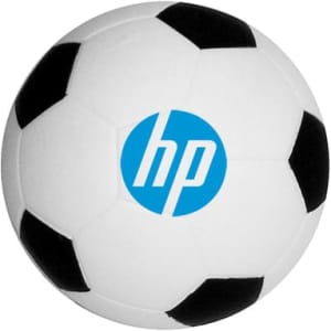 A football-shaped stress reliever in white with black patches, featuring a blue logo.