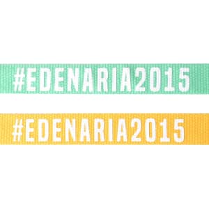 Two poly ribbed lanyards, one in mint green and one in bright yellow, both featuring printed text.
