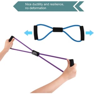 A purple and blue figure 8 resistance band with handles, held by hands, showcasing its flexibility and design.