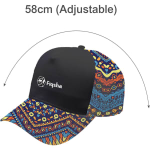 A custom cap featuring a black front and a vibrant, patterned brim. Adjustable size with a logo on the front.