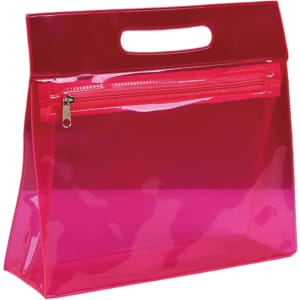 A transparent cosmetic pouch in vibrant pink with a zippered pocket and a handle.