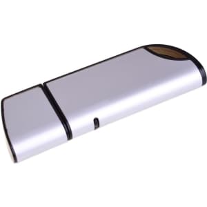 A silver flash drive with a sleek design, featuring a black trim and a logo.